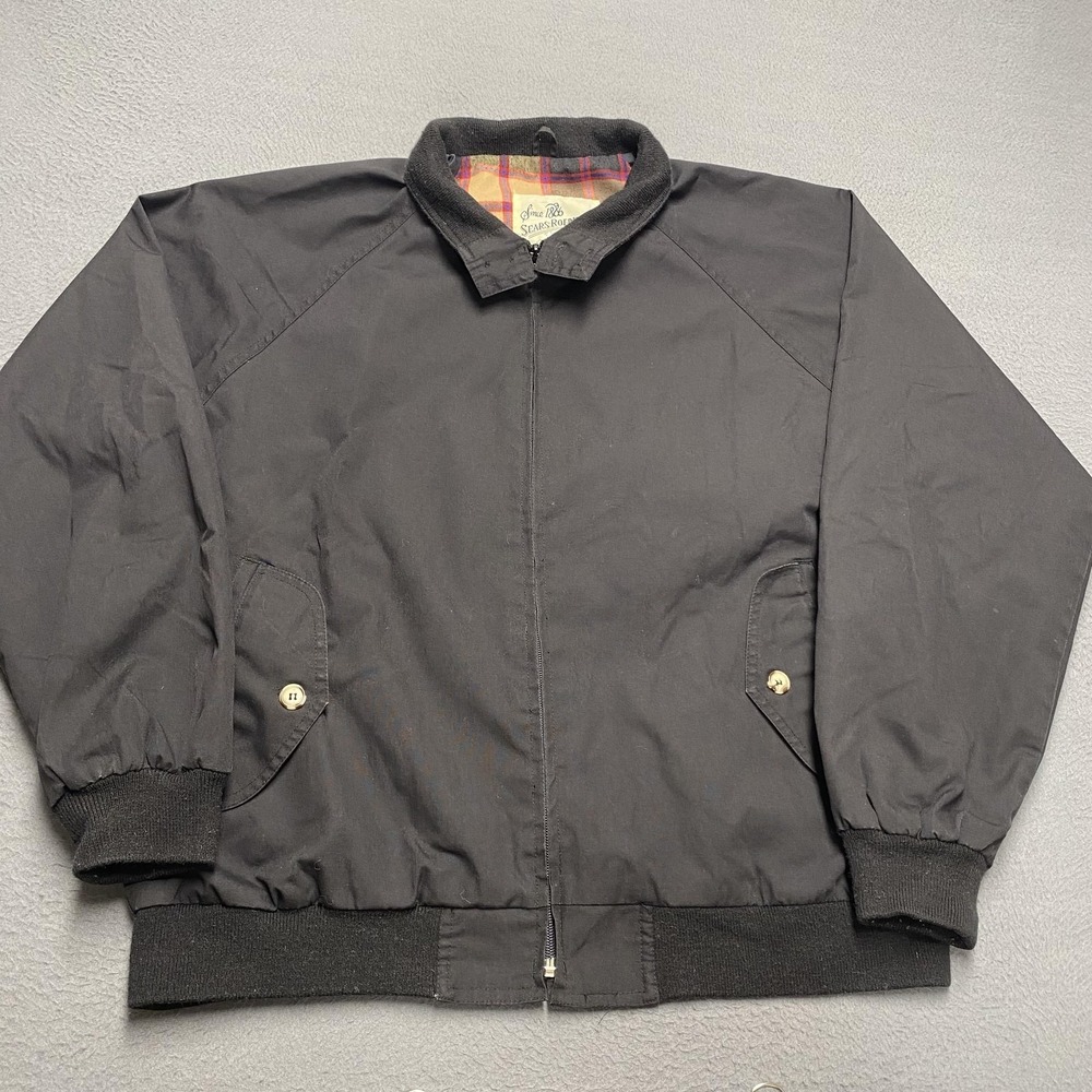 Vintage Sears Roebuck Jacket Mens XL Black Canvas Plaid Flannel Lined Bomber 80s
